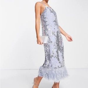 ASOS EDITION floral sequin and bead midi dress with faux feather hem in violet